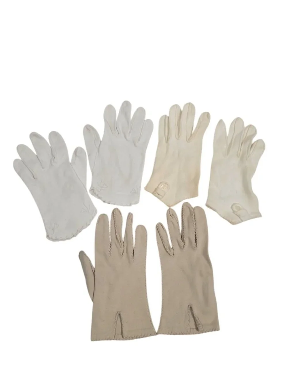 Vintage Womens Gloves Lot Of 3 Pairs Beige White Embroidered Button